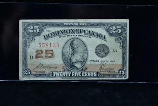 1923 Dominion Of Canada 25 Cent Bank Note 558135.