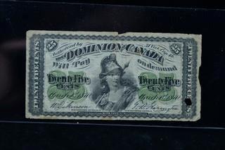 1870 Dominion Of Canada 25 Cent Bank Note.