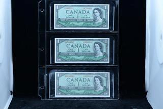 1954 Canada 3 Consecutive One Dollar Bank Notes.