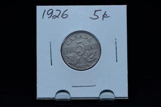 1926 Canada Key Date 5 Cent Coin.