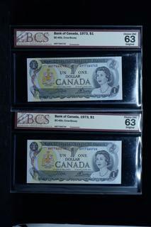 (2) 1973 Consecutive Canada One Dollar Bank Notes Graded Choice UNC 63 Original.