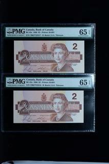 1986 Canada 2 Consecutive Two Dollar Bank Notes Graded 65 Gem Uncirculated Epq.