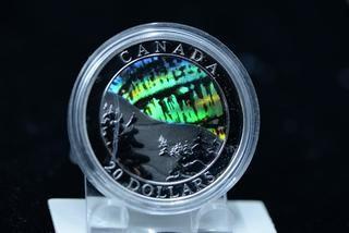 2003 Canada 20 Dollar Northern Lights Holographic .9999 Fine Silver 1 Troy Oz Coin.