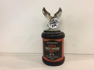 Harley Davidson Pewter Figurine With Leather Oil Can.