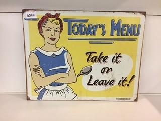 Today's Menu Tin Sign, 16" x 12-1/2".