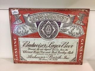 Budweiser Tin Sign, 16" x 12-1/2".