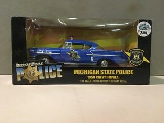 American Muscle 1958 Chevy Impala Michigan State Police Diecast Model, 1:18 Scale.