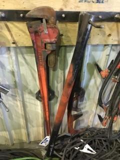 Lot of 40" Pipe Wrench and Asst. Shop Built Camlock Wrenches