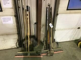 Lot of Asst. Brooms, Squeegees, Shovels, Rakes, Ice Chipper etc.