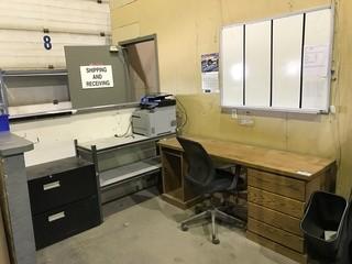 Lot of Double Pedestal Desk, 2-Drawer Lateral Filing Cabinet, Task Chair, HP LaserJet Pro M476nw Copier, Shelving, Whiteboard, etc.