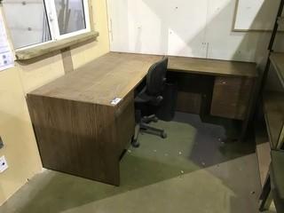 Lot of (3) Asst. Desks, (2) Task Chairs,  2-Sections Parts Shelving, (2) Stacking Chairs, 2-Door Lockable Shop Cabinet, etc.