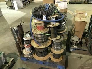 Pallet of Assorted Spools of Hose, Wire, Aircraft Cable, etc.