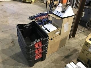 Lot of (3) Rubbermaid Storage Containers, Frost Garbage Can, Frost Paper Towel Dispenser, etc.