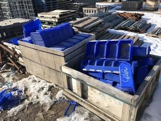 Lot of (3) Crates of Parts Bins, Tote Bins, Hydraulic Cooling Fan, etc.