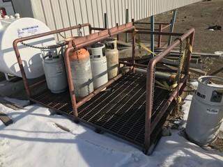 Lot of Cylinder Rack and Asst. Cages, 5th Wheel w/ Fork Pockets, Manifold, Asst. Steel,  Tool Box, Asst. Pumps, Bench Grinder, etc. 