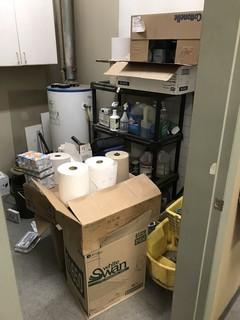 Lot of Cleaning Supplies, Paper Products, Vacuum, Mop Pail, Shelf, etc.