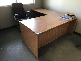 Lot of L-Shaped Desk, 4-Drawer Lateral Filing Cabinet, (2) Task Chairs