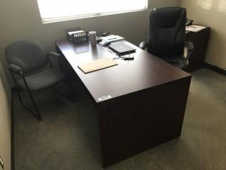 Lot of Single Pedestal Desk, 2-Drawer Lateral Filing Cabinet, (2) Task Chairs, (1) Side Chair