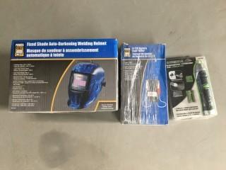 Power Fist Fixed Shade Auto Darkening Welding Helmet, Power Fist 6/12V battery Tester and Genesis Screw Driver Flash Light.