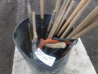 Lot of Shovels, Rakes & Assorted Handheld Saws