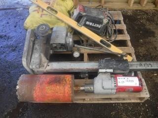 Lot of Emergency Spill Kit, Milwaukee Core Drill, Level, Etc. 