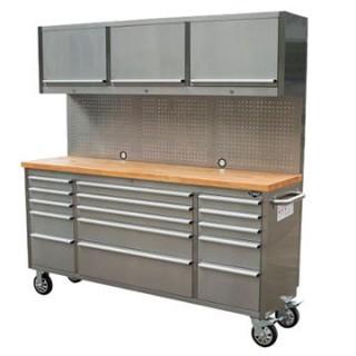 New 72" Stainless Steel 15 Drawer Tool Chest w/ Upper Cabinet & Pegboard