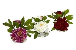 Lot 2 - 6" Peony w/Glass Vase ( Set of 3) 