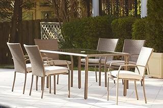 Cosco Outdoor Living Lakewood Ranch Steel Woven Wicker Patio Dining chairs with Cushions, Brown and Tan (6 Chairs ) 