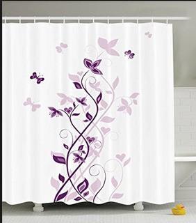 Ambesonne Purple Decor Shower Curtain Set, Violet Tree Swirling Persian Lilac Blooms With Butterfly Art Ornamental Plant Graphic, Bathroom Accessories, 69W X 70L Inches, Purple White