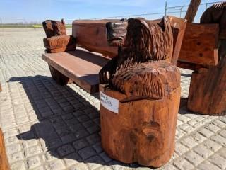 Log Bench with Bear Carving