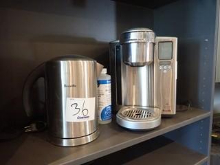 Lot of Breville Keurig Machine, Breville Cordless Kettle and K-cup Rack.