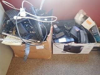 Lot of 2 Boxes Asst. Keyboards, Office Supplies, Routers, Card Scanner, Power Cords, etc.