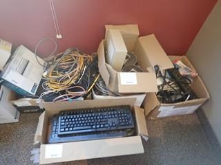 Lot of 5 Boxes Asst. Power Cords, Ethernet Switch, Keyboards, Office Supplies, Car Speakers, etc.