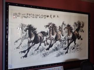 Ornate 79"x46" Oriental Framed Horse Print. 