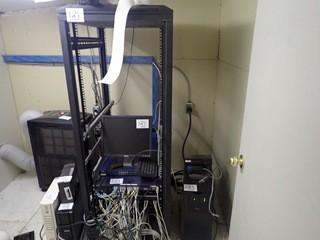 Lot of Server Rack, 4 UPS's, Switches, Hubs, Monitor and Keyboard. **NOTE: LOCATED UPSTAIRS**