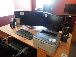 Lot of Dimension E520 Desktop Computer, HP Flatscreen Monitor, Acer Flatscreen Monitor, Logitech Speakers, Brother HL-2170W Printer and Keyboard.