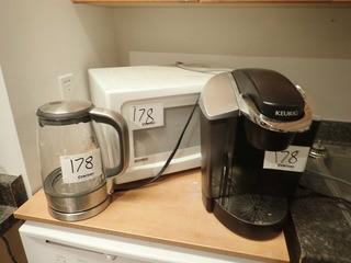 Lot of Keurig Coffee Maker, Kenmore Microwave and Breville Cordless Kettle.