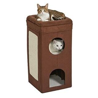 Midwest Home For Pets Curious Cat Cube, Cat House/Cat Condo, Tri-Level Design in Brown Faux Suede and Synthetic Sheepskin