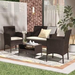 Wade Logan Woodland Park 4 Piece Patio Deep Seating Group with Cushions (WLGN8879_21376096) - Brown