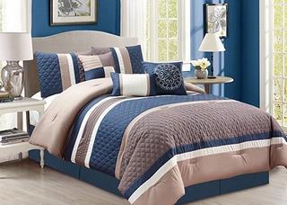 Safdie & Co. Cameron Collection 7 Piece Comforter Set, Full/Queen - Blue / brown 