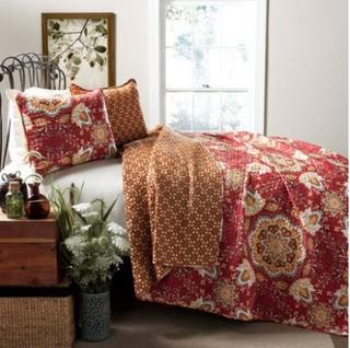 Lush Cotton reversible Quilt - 3pc Set - Addington - Red - King