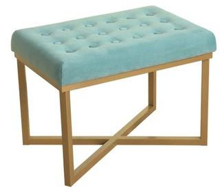 HomePop Rectangular Ottoman with Caribbean Velvet Tufted Cushion and Gold Metal X Base