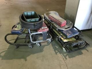 Lot of Asst. Mechanics Creepers, Oil Drip Pans and Shop Stools