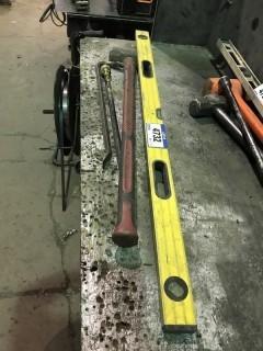 Lot of Asst. Hand Tools Including Level, Sledge Hammer, Pry Bar and Tire Iron