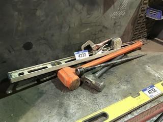 Lot of Asst. Hand Tools Including Level,  (2) Sledge Hammers, Pry Bar and Tape Measure, Clamp, etc.