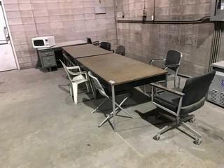 Lot of (2) Lunchroom Tables, (1) Desk, (10) Asst. Chairs, Microwave