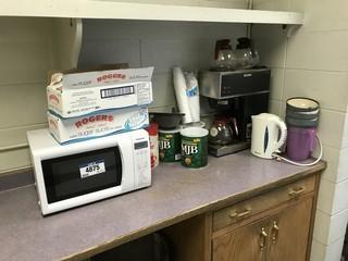 Lot of Bunn Coffee Maker, (3) Pots, Sugar, Whitener, Coffe Grounds, Electric Kettle, etc.