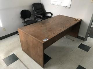 Lot of Double Pedestal Desk, 2-Drawer Later Filing Cabinet, Table and Overhead Hutch