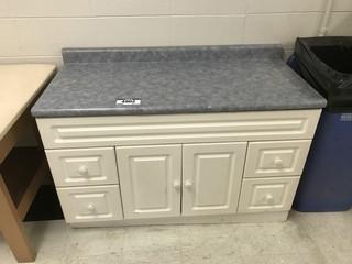 Lot of Counter w/ Cabinet and Drawers, Padded Table, and Metal Shelf