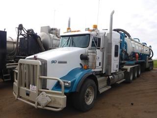2013 KENWORTH T800 Tri Drive Highway Tractor, 682,198 Km, 14,981 Hrs, c/w Cummins ISX-15 (525 HP), 18 Spd, 16,000 Lb Front, 69,000 Lb Rear Axles, A/R Susp, 264" Wheelbase, Differential & Inter-Axle Lockups, AEROCAB 58" High Rise Walk-In Sleeper, Wet Kit & Hyd Oil Cooler, HIBON VTB820XL Blower c/w Hyd Drive, Silencer, Air Slide Fifth Wheel, 385/65R22.5 Front, 11R24.5 Rear Tires, Sold with SV02.